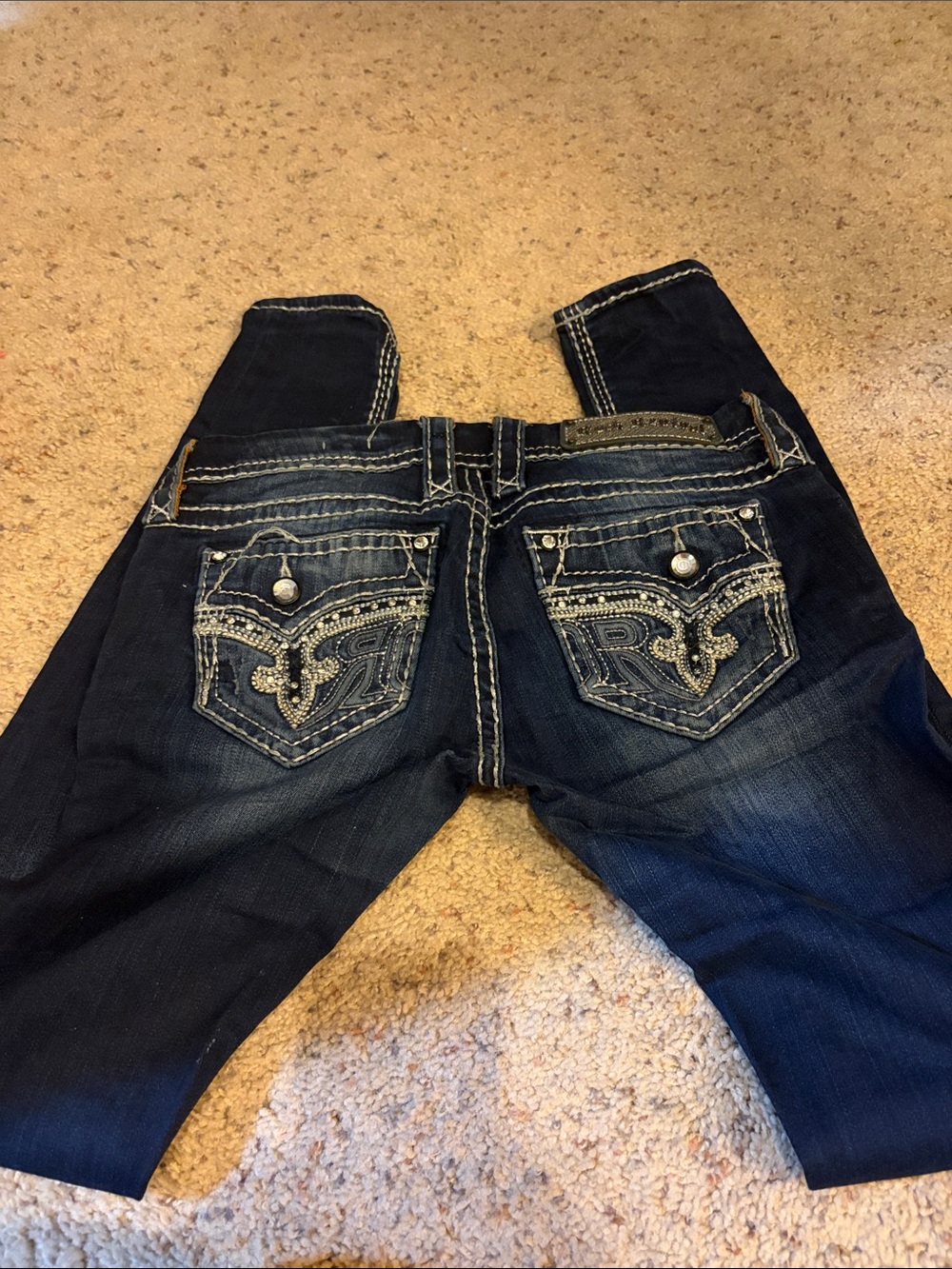 Rock Revival Dark Blue Boot Cut Jeans with Embroidered Pockets